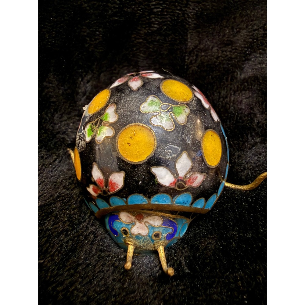 Vintage Cloisonne Enamel Ladybug Trinket Box Floral Beetle Brass Miniature